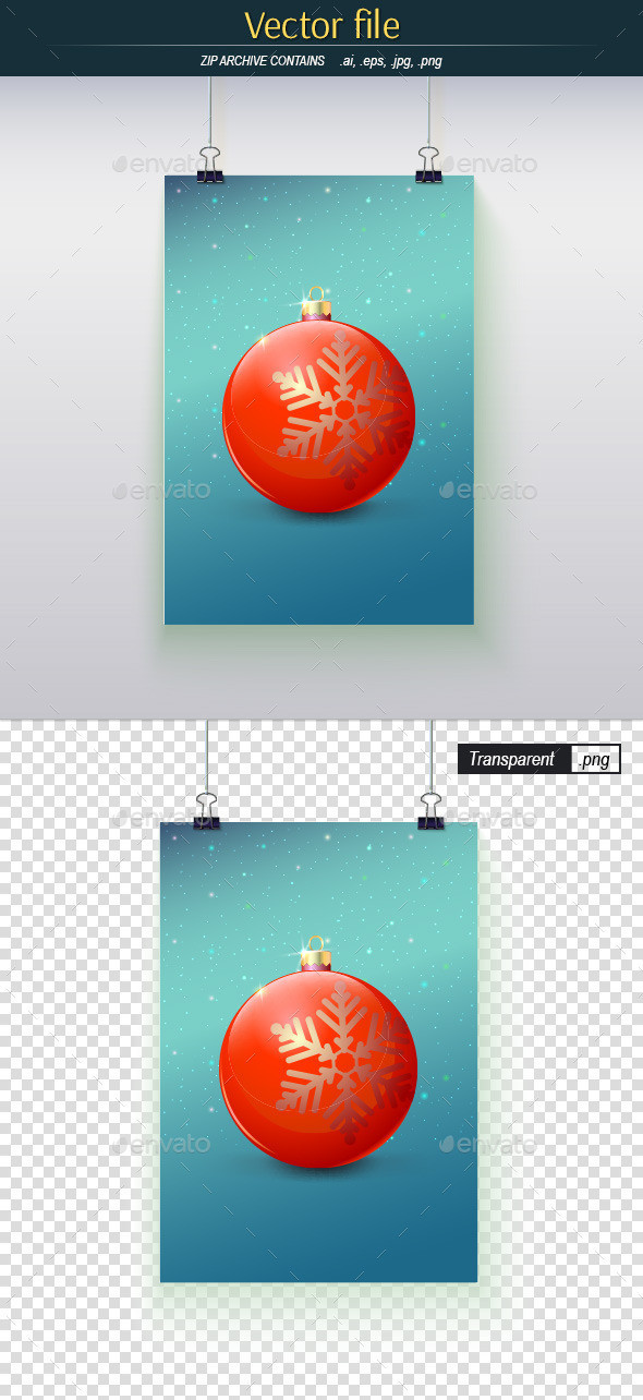 Poster hanging on the wall with red christmas balls preview