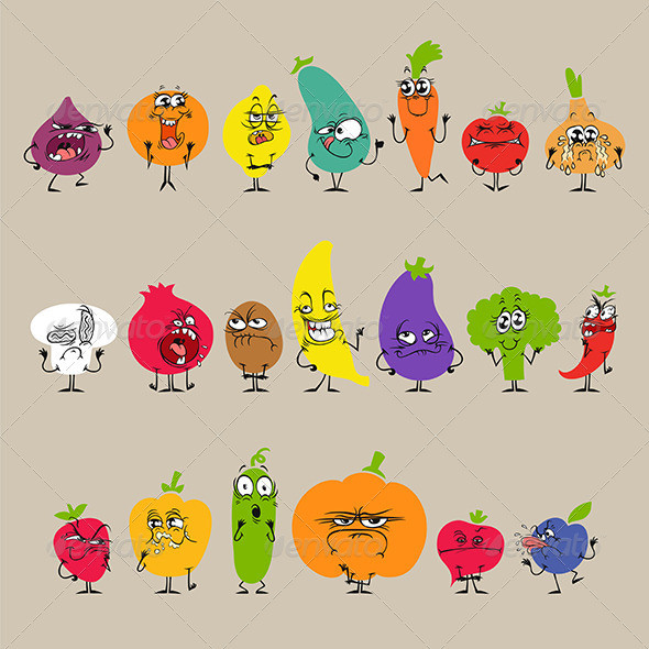 Cartoon fruits and vegetables set