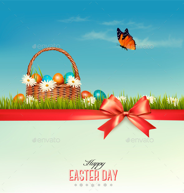 01 retro holiday easter background with basket with eggs and red bow t