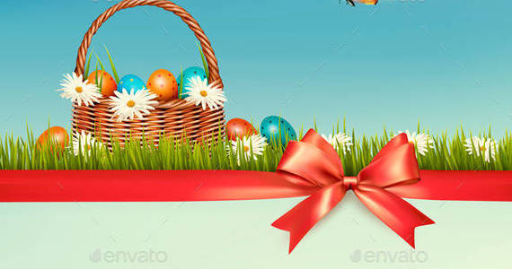 Box 01 retro holiday easter background with basket with eggs and red bow t