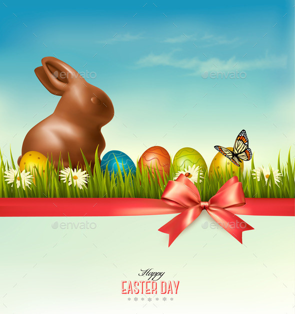 01retro easter holiday background with chocolate bunny and red bow t