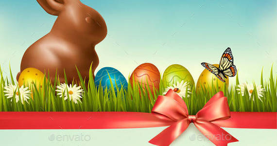 Box 01retro easter holiday background with chocolate bunny and red bow t