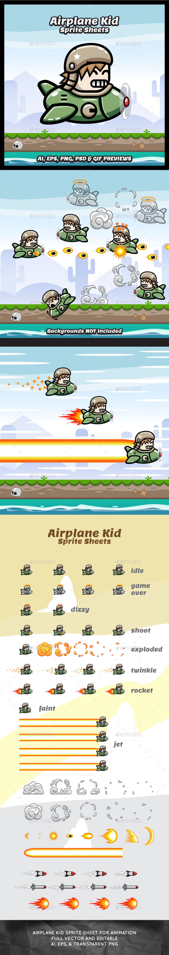 Airplane kid game character sprite sheet sidescroller game asset flying animation gui mobile games gameart game art 590