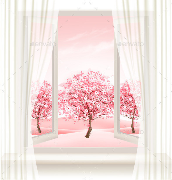 01 spring background with open windows and blossom sakura t