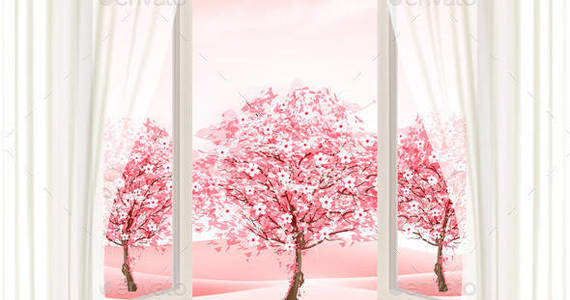 Box 01 spring background with open windows and blossom sakura t