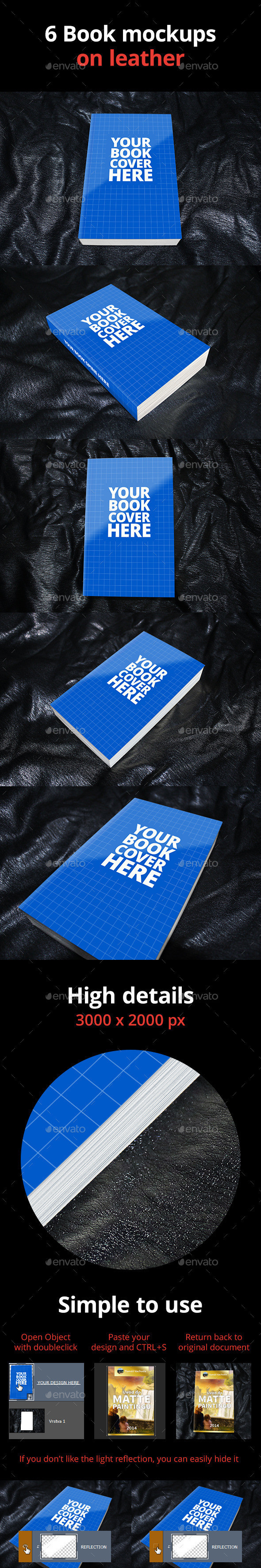 5 book mockups on leather preview