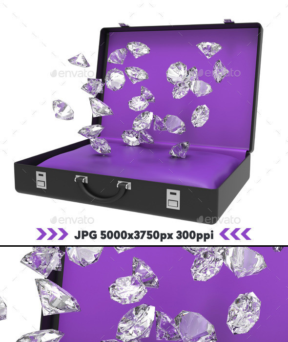 Diamonds falling inside suitcase