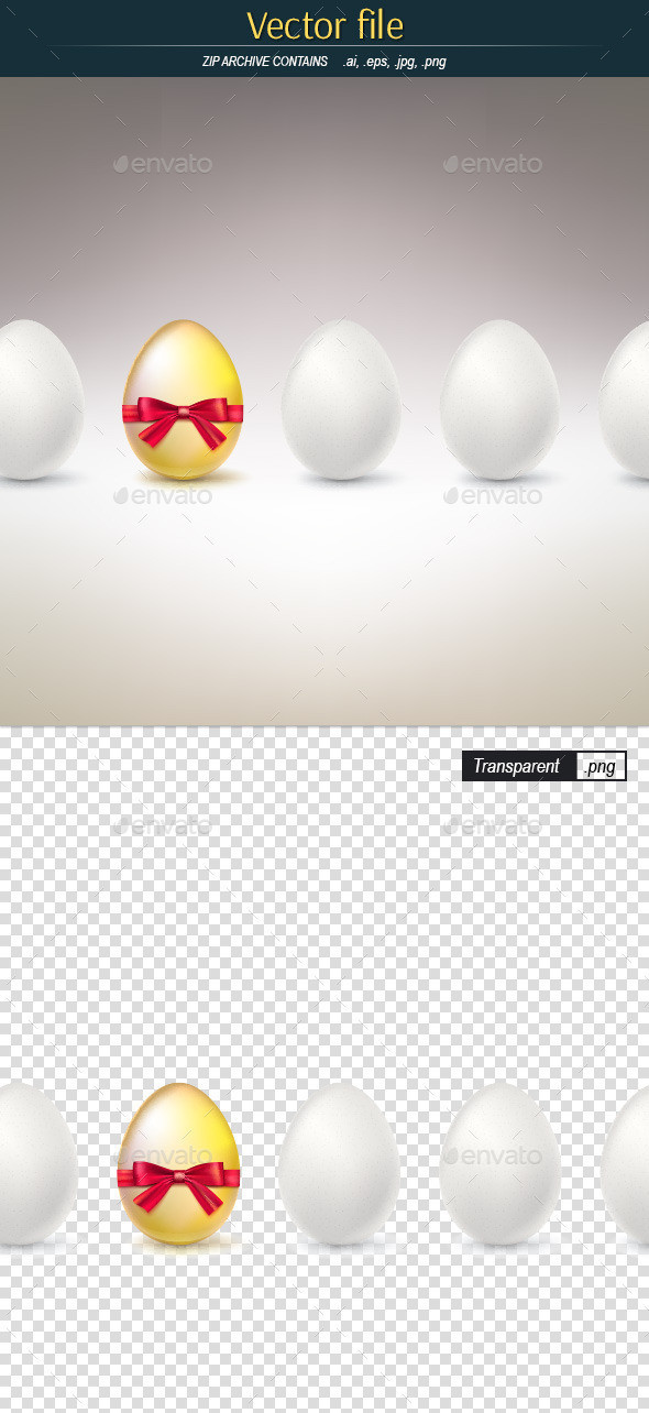 Golden egg with bow in the row of white eggs preview