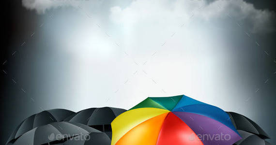 Box 01 background with colorful umbrella in mass of black umbrellas t