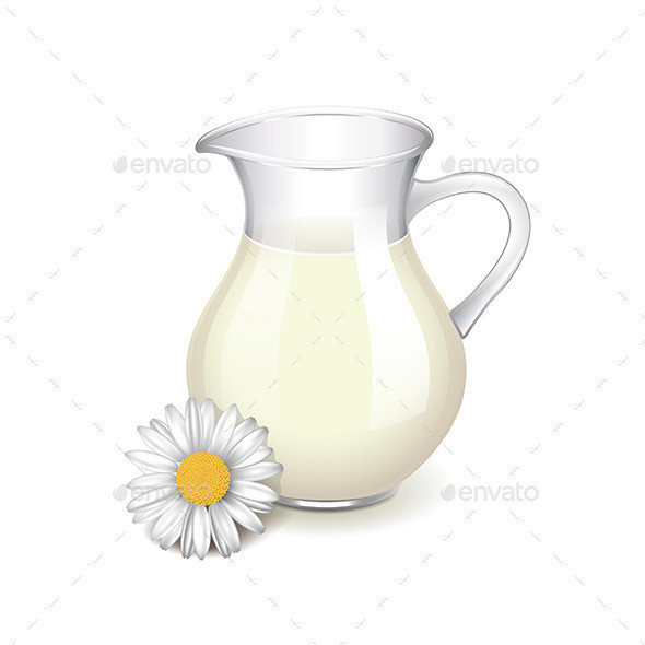Glass jug with milk chamomile flower isolated
