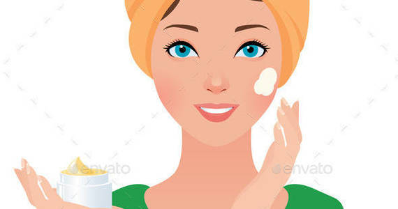 Box portrait of a girl uses a cosmetic facial cream