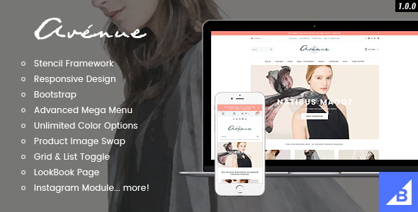 Avenue flat responsive fashion bigcommerce theme stencil google amp ready preview.  large preview